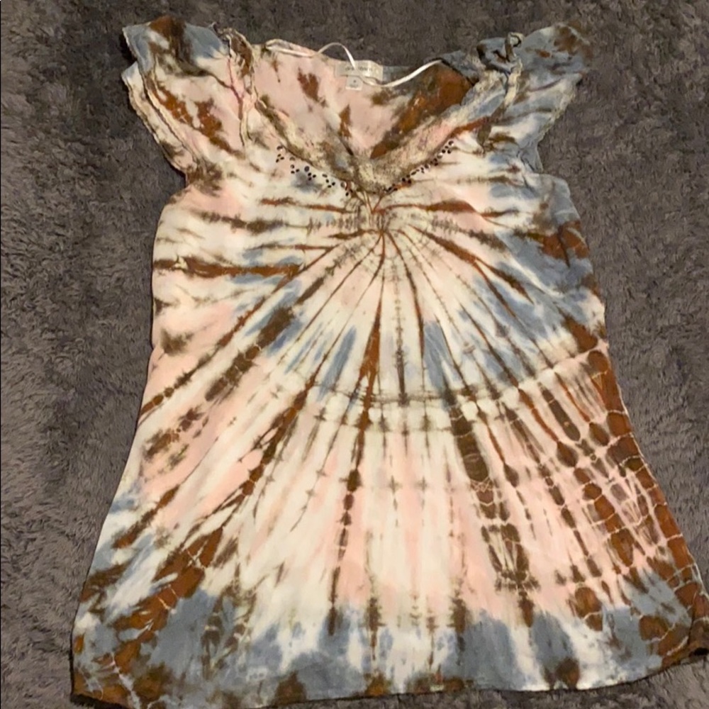 Pink, brown, blue tie-dyed blouse